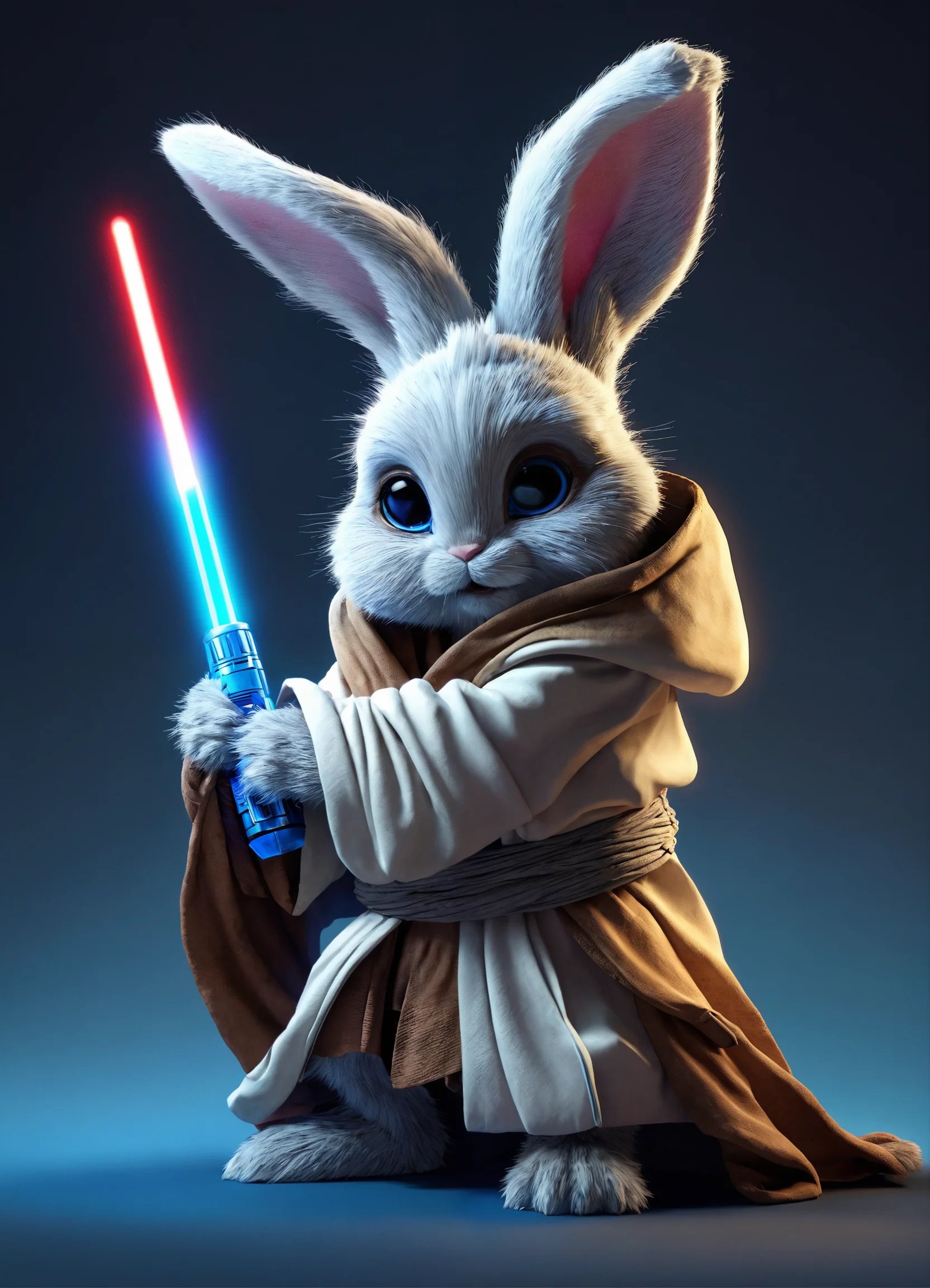 Anthropomorphic cute easter bunny in a Jedi robe a